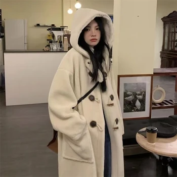 2023, Зимние Элегантные пальто из искусственного меха с капюшоном, женские Корейские однотонные толстые теплые пальто с карманами, длинные пальто, повседневная верхняя одежда