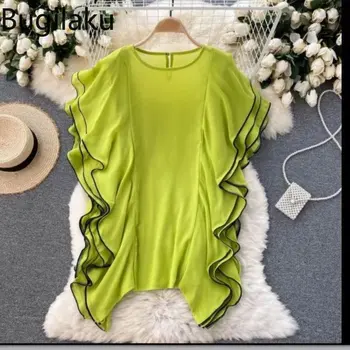 Bugilaku Корейская Шикарная Модная Блузка Женская Контрастного Цвета В стиле Пэчворк Свободные Шифоновые Рубашки Женские Летние Универсальные Blusas Mujer