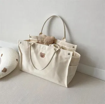 Ins Корейские сумки для детских подгузников, многофункциональная холщовая сумка для мамы большой емкости, органайзер для сумки для коляски с вышивкой медведя