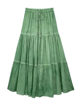 TRAF 2023 Летнее новое женское модное платье Макси, смешанное зеленое платье Миди с оборками, элегантная богемная одежда