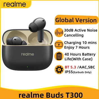 Глобальная версия realme Buds T300 True Wireless Наушники с активным Шумоподавлением 30 дБ Bluetooth 5.3 TWS Наушники с 40-часовой батареей