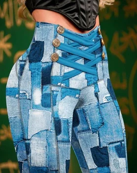 Женские брюки 2023 года, модные повседневные повседневные джинсовые брюки с повторяющимся принтом, с высокой талией, подтягивающие ягодицы, узкие брюки на шнуровке, универсальные, Новые