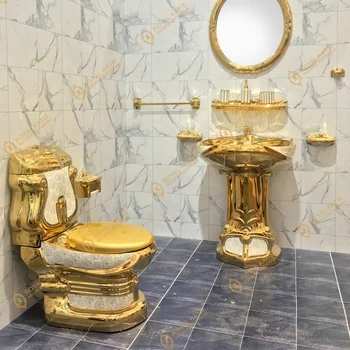 Королевская винтажная позолоченная цветная сантехника для ванной комнаты роскошный унитаз и подставка для умывальника раковина керамический золотой туалетный набор