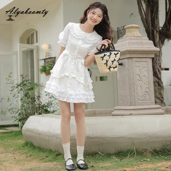 Летнее женское белое мини-платье принцессы в стиле Лолиты, Двухслойное Милое короткое платье с воротником 