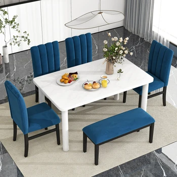 Обеденный стол из 6 предметов, стол из мраморного шпона и 4 обеденных стула с байковой обивкой и скамейка для ресторанной мебели