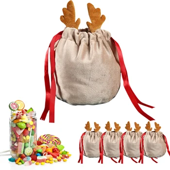 Рождественский мешок для конфет с Оленями, Бархатные мешки Санта-Клауса, Подарочные пакеты на шнурке, Рождественское Украшение, Украшение для детской новогодней вечеринки