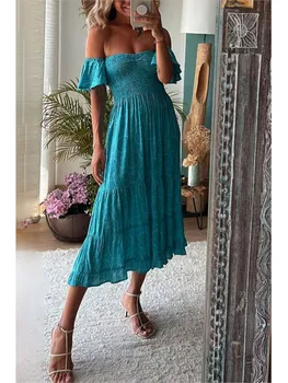Сексуальное тонкое пляжное длинное платье трапециевидной формы, женское летнее элегантное синее платье без бретелек в стиле бохо, модные вечерние платья с открытыми плечами и открытой спиной