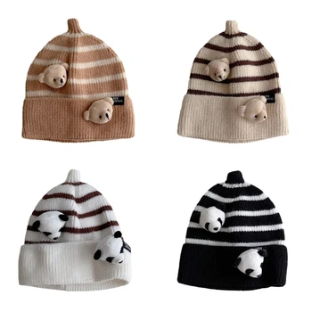 Стильная детская шапочка, осенне-зимняя шапочка для малышей, детская вязаная шапка в полоску с рисунком головы мультяшного животного