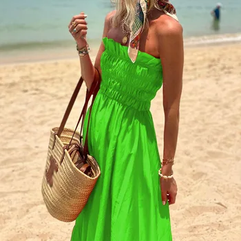 Шикарное плиссированное свободное платье Макси 2023, летнее повседневное пляжное платье с открытыми плечами, Сексуальный женский сарафан с эластичной талией без спинки.