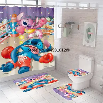 2023 Disney 3D Аниме Stitch Angel Набор Ковриков для ванной комнаты Прочный Водонепроницаемый Набор Занавесок для душа Базовая Крышка Крышка для Унитаза Декор для ванны
