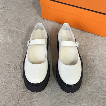 2023, Новые черно-белые женские сандалии с толстым дном и пряжкой с круглым носком