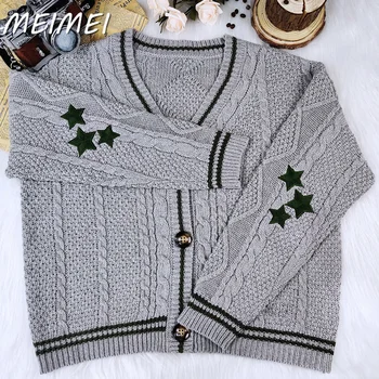 2023 Осень зима Новый однобортный женский свитер с V-образным вырезом и вышивкой в виде звезд, повседневный однотонный вязаный свитер с длинным рукавом