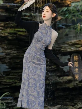 2023 Фиолетовая Нежность, женское винтажное платье без рукавов с цветочным рисунком Чонсам, Тонкие Летние платья на бретельках, Новое платье Ципао в китайском стиле