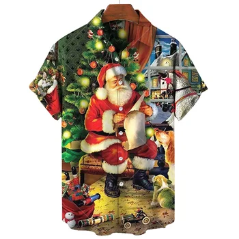 2024 Мужская Рубашка С Рождественским Принтом, Топ с коротким рукавом, Гавайская Рубашка с Отворотом и Пуговицами для Мужчин, Модная Повседневная Одежда Для Вечеринок, Футболка Новая