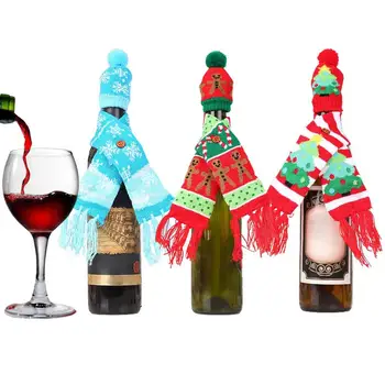 3шт Крышка для бутылки вина, декоративный топпер для бутылки вина, Рождественский вязаный шарф и шляпа, Рождественские украшения для бутылки пива и вина