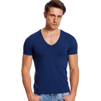 A2105 Однотонная мужская футболка с V-образным вырезом, стрейчевые футболки с V-образным вырезом, приталенная модная мужская футболка с коротким рукавом, невидимая