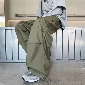 HOUZHOU Зеленые брюки-карго Мужские Японские Широкие брюки Оверсайз, Мужская Черная Свободная повседневная уличная одежда в стиле хип-хоп Сафари