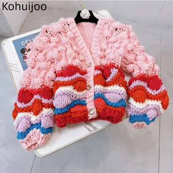 Kohuijoo Тяжелый Объемный свитер Оверсайз контрастного цвета ручной работы с V образным вырезом в ленивом стиле, свободный кардиган в полоску с длинным рукавом