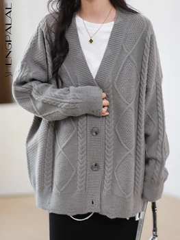 SHENGPALAE Модный Женский свитер С V-образным вырезом, Однобортный Однотонный Универсальный Вязаный Кардиган, Осень 2023, Новый Модный 5R5176