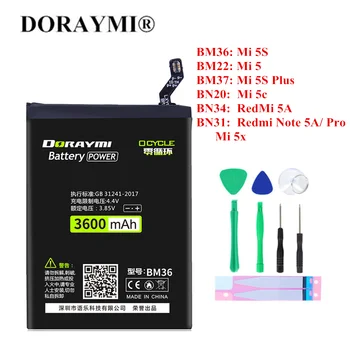 Аккумулятор DORAYMI для Xiaomi Mi 5 5X5S Plus 5C Mi5S Redmi 5A Note 5A Y1 Lite Высокой емкости BM22 BM36 BN20 BN31 BM37 BN34 Bateria