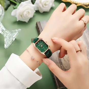 Брендовые женские часы, модные квадратные женские кварцевые часы, браслет, Зеленый циферблат, простой сетчатый циферблат из розового золота, Роскошные женские часы