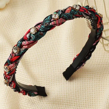 Винтажная повязка на голову из ткани с красочным принтом в этническом стиле, плетеная повязка на голову с широким краем и бриллиантами, аксессуары для волос для женщин