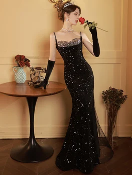 Винтажное женское вечернее платье-комбинация из черного тюля с пайетками, без рукавов, длиной до пола, с разрезом, Элегантная Невеста, тонкие платья с рыбьим хвостом