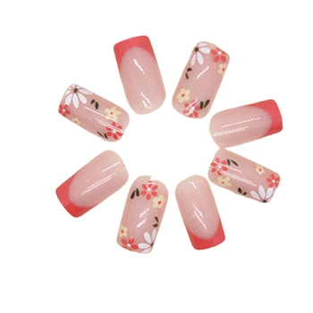 Глянцевые розовые накладные ногти с цветочным принтом Долговечный безопасный материал Водонепроницаемые накладные ногти для украшения ногтей своими руками