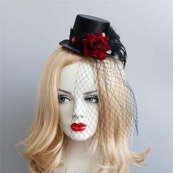 Готическая панк-ретро вуаль из перьев Красной розы, сексуальная мини-шляпа для косплея для выступлений и показа мод FJ-219
