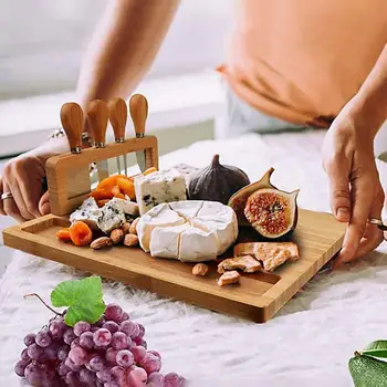 Деревянный сервировочный поднос со столовыми приборами Сырная доска Прямоугольные тарелки Лотки для хранения фруктовых закусок