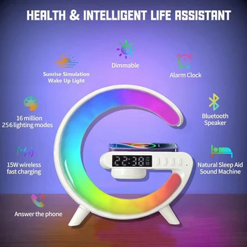 Динамик Bluetooth, светодиодный будильник, красочная имитация восхода солнца, RGB, ночник, лампа для пробуждения, 15 Вт, беспроводное зарядное устройство для телефона