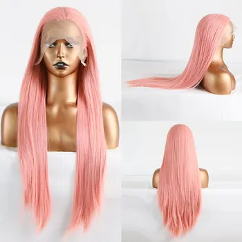 Длинный Розовый Дешевый Синтетический парик с кружевом спереди, бесклеевой Прямой, из высококачественного термостойкого волокна, предварительно выщипанный по линии роста волос для женских париков