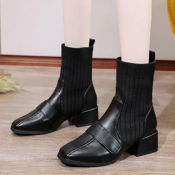 Женская обувь 2023, осень-зима, Новые женские ботильоны, модные Женские вязаные носки большого размера 42, сапоги без застежки на высоких каблуках
