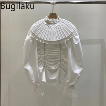Женская плиссированная рубашка со стоячим воротником Bugilaku, Новое поступление, блузка с длинным рукавом, Женские однотонные элегантные модные блузки в корейском стиле.