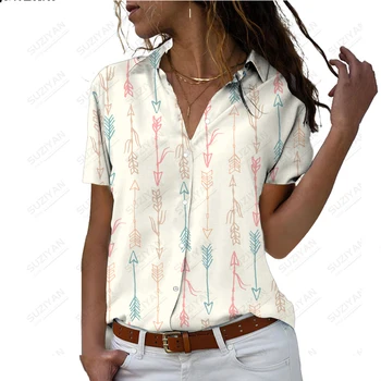 Женская рубашка с короткими рукавами, с пуговицами на лацканах, одежда с 3D-принтом, простая и повседневная, с цветочным рисунком в стиле ретро, летняя оверсайз