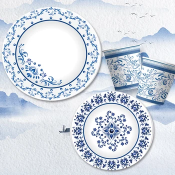 Китайская сине-белая керамика Тематическая вечеринка по случаю Дня рождения Декоративная Одноразовая посуда Салфетка Воздушный шар Детский душ Подарок для девочки