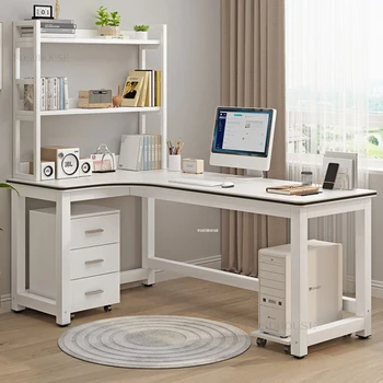 Компьютерные столы в скандинавском стиле, Домашний двойной игровой стол, Угловой письменный стол с книжной полкой, L-образный письменный стол для чтения в спальне, Офисная мебель