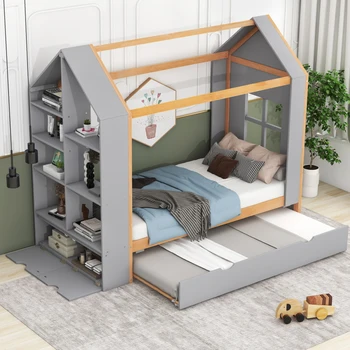 Кровать-платформа Twin Size House с полками для хранения и чемоданом Twin Size, серый