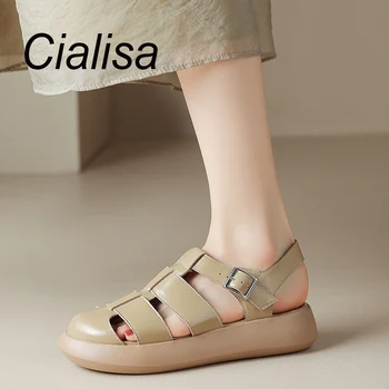 Лаконичные римские босоножки Cialisa, женская летняя обувь 2023 года, повседневная женская обувь на среднем каблуке с ремешком и пряжкой, бежевый 40 г.