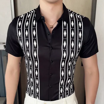 Летняя мужская рубашка с короткими рукавами 2023, Черно-белая Контрастная Приталенная Деловая Повседневная рубашка, блузка для светской вечеринки, Смокинг.