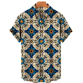 Летняя мужская рубашка Унисекс 2023, Гавайский стиль, воротник Поло с 3D геометрическим рисунком, Короткий рукав на одной пуговице, Свободная дышащая рубашка