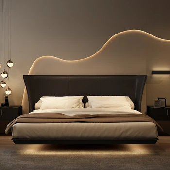 минималистская кожаная кровать маленькая квартира ветер черная плавающая кровать современная минималистская двуспальная кровать в главной спальне брачная кровать