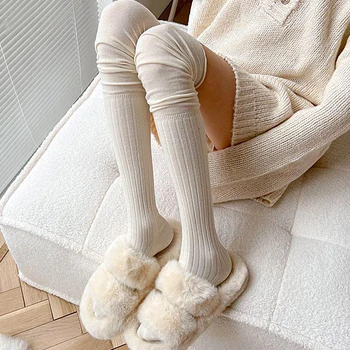 Молочно-белые Чулки, Чулки JK Высотой до бедра, Мягкие Нейлоновые носки для женщин, Дизайн в стиле пэчворк, Модные Носки Выше колена с ворсом