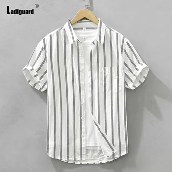 Мужская Базовая рубашка с коротким рукавом, одежда 2023, Корейские Модные топы в полоску, Мужские Винтажные Хлопчатобумажные блузки в стиле харадзюку, Мужские повседневные рубашки