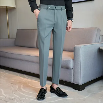 Мужские брюки с высокой талией, осень 2023, британский стиль, однотонные повседневные платья, брюки, приталенный строгий костюм, брюки, Модная мужская одежда
