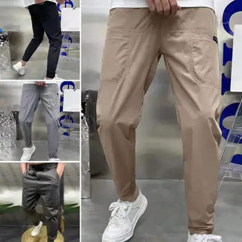 Мужские брюки с эластичным поясом и карманами, брюки с эластичной вышивкой буквами, спортивные брюки длиной до щиколоток, однотонные брюки-карандаш из шелка льда