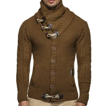Мужской свитер-кардиган, осенне-зимний новый модный повседневный свитер больших размеров на пуговицах с высоким воротом