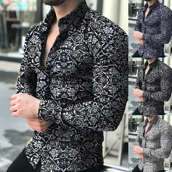 Новая мужская мода 2023 года, осенне-зимняя повседневная рубашка с длинными рукавами и принтом, топ большого размера
