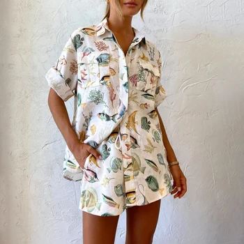 Новая французская повседневная блузка из двух частей с принтом морской рыбы, однобортная рубашка с короткими рукавами, комплект шорт с эластичной резинкой на талии и завязками.