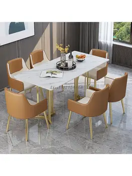 Новый Светлый Мраморный обеденный стол и стулья из каменной плиты в роскошном стиле, Современный минималистичный обеденный стол для домашнего ресторана, стол для отеля
